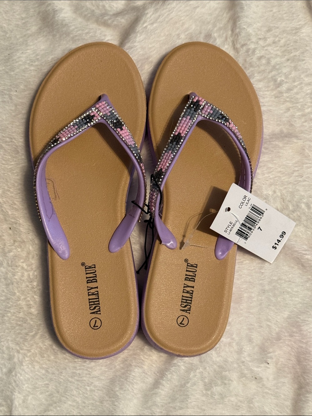 Ashley Blue Lavender Beaded Flip Flop Sandals with Multi-Accent Beading